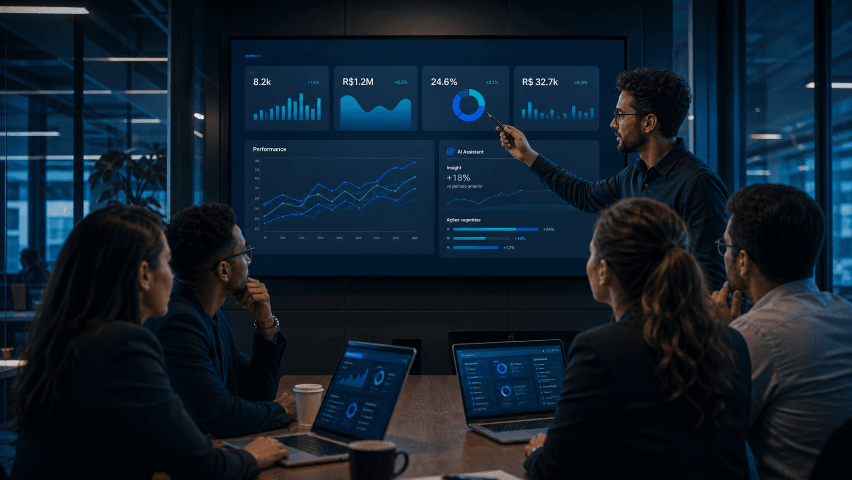 Equipe acompanhando dashboard executivo com indicadores e assistente de IA