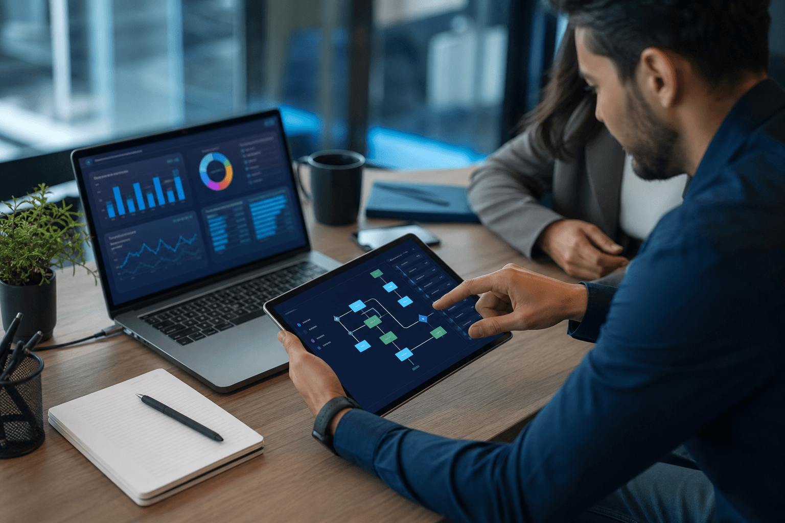 Profissional analisando fluxos de automação em tablet e dashboard no notebook