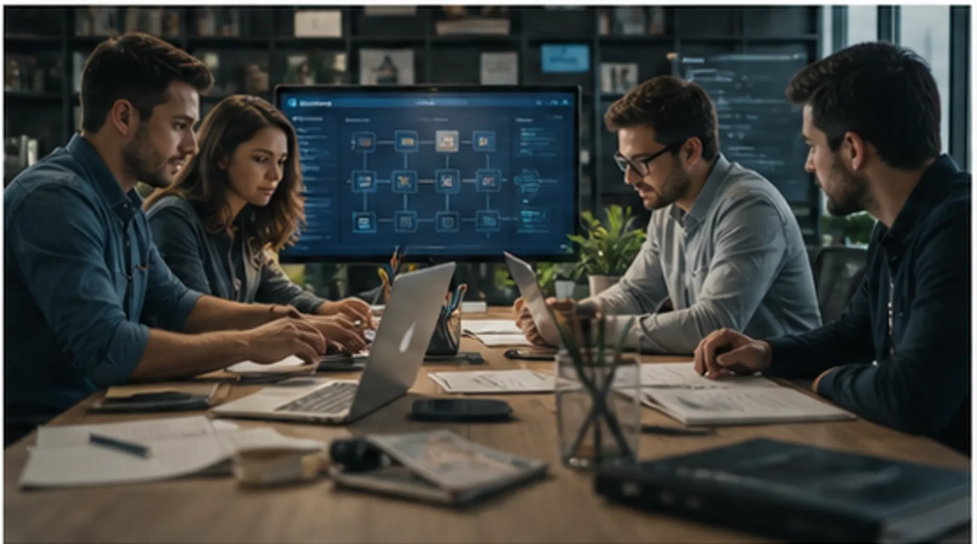Equipe de software colaborando em arquitetura, automação e dashboards