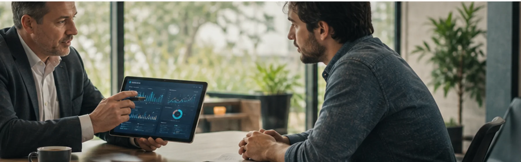 Consultor apresentando dashboard em tablet durante diagnóstico de negócio