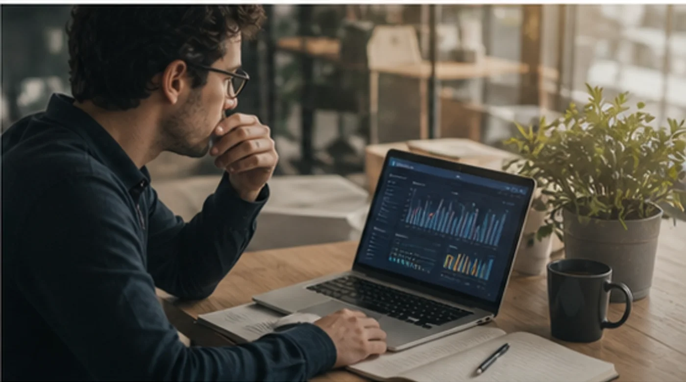 Profissional analisando gráficos e insights em um notebook