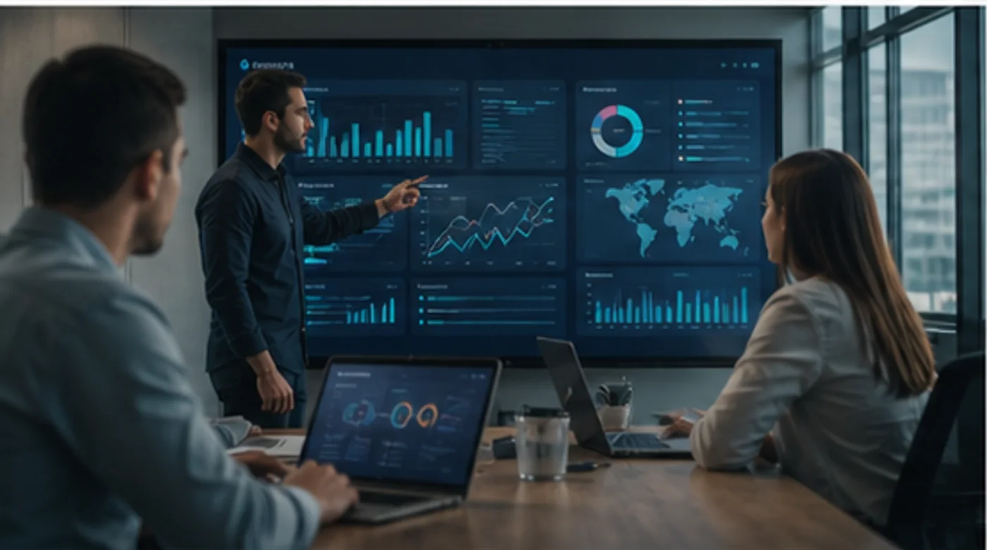 Equipe analisando indicadores de resultado em uma tela grande de dashboard
