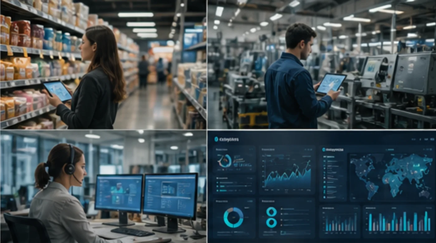 Operações de comércio, indústria, atendimento e dashboards conectadas por dados